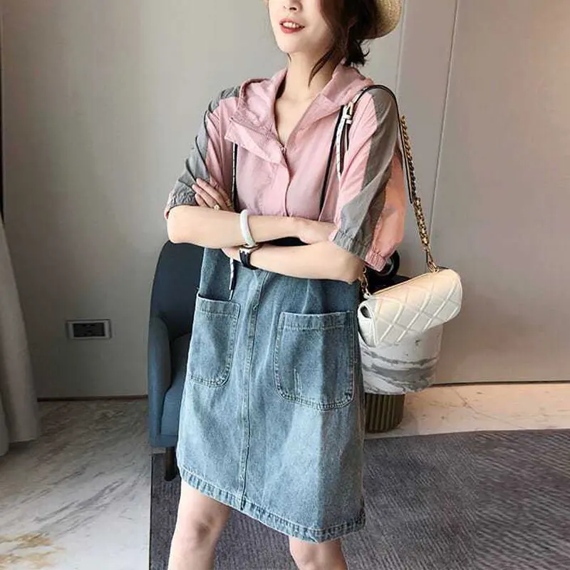 Women's Clothing Denim Midi Dress Patchwork Summer Pockets Casual Hooded Zipper Stylish Drawstring Basic Straight Loose Dresses