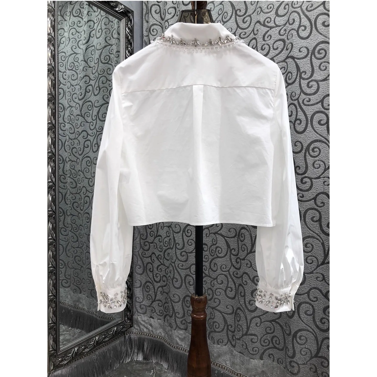 100% camisas de algodão 2025 outono moda estilo feminino turn-down colarinho cristal miçangas deco manga longa casual designer camisas brancas