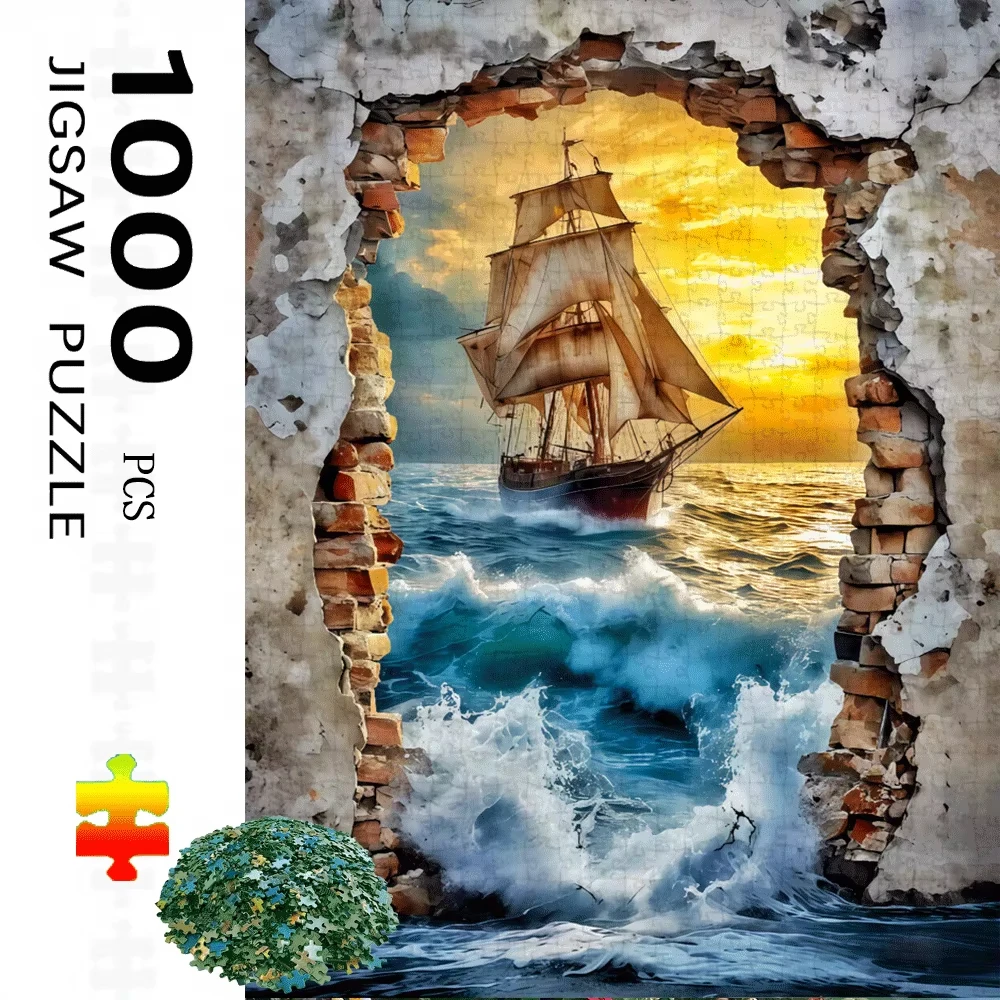 

A 1000pcs Jigsaw Puzzle Designed for Adults Featuring a Sailing Ship on Stormy Seas, Complemented by a Crumbling Brick Wall. I