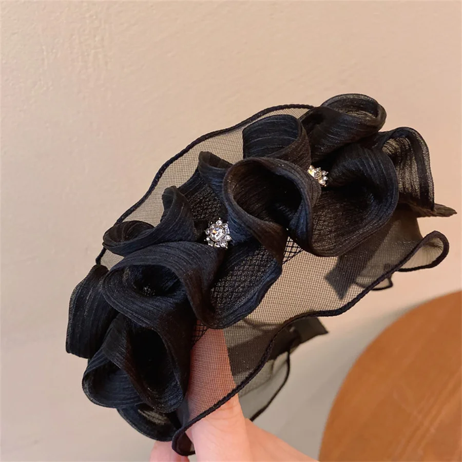 Koreański styl wysokiej klasy luksusowa opaska na głowę moda retro kryształowa opaska z siatki wiązka włosów damska czarna potargana akcesoria do włosów prezent