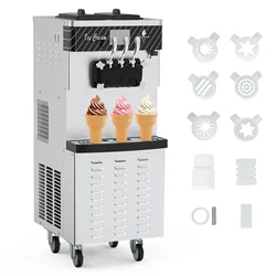 Commercial Ice Cream Maker with Two 12L Hoppers, 3 Flavors Soft Serve Machine. 2450W Soft Ice Cream Machine with LCD Panel