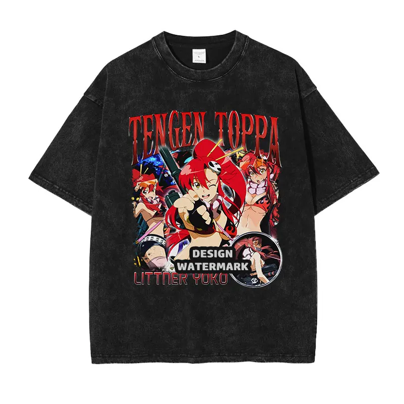 

Футболка с изображением аниме Littner Yoko, винтажные потертые футболки Gurren Lagann, топы с мангой Simon Tengen Toppa, мужские футболки из 100% хлопка