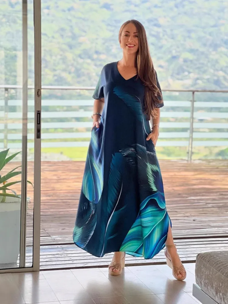 

Women's Printed Dress Summer V-Neck Short Sleeved Long Skirt lady Elegant Loose Dresses Robe