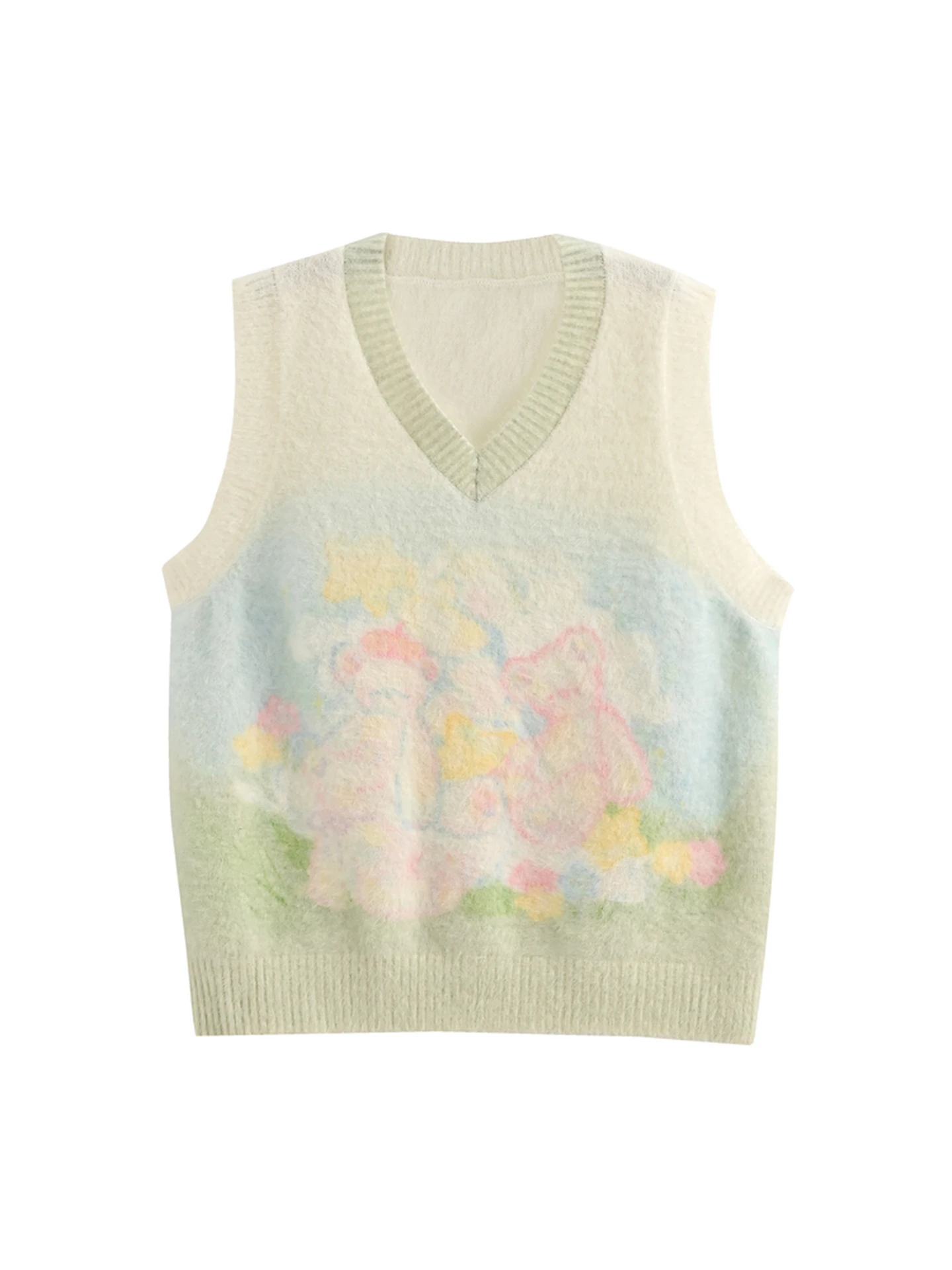 Loose Women's Knitted Bear Sweater V-Neck Vest Spring Sweet Style Casual Wear Polyester Nylon Blend No-Sleeve Knitwear