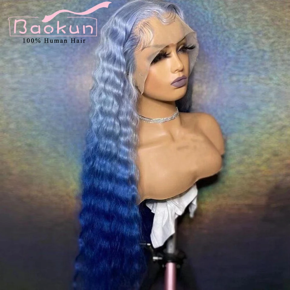 Transparent Blue Deep Wave Frontal Wig 13x6 HD Lace Front Human Hair Wigs 200 Density Glueless 13x4 Human Hair Lace Frontal Wig