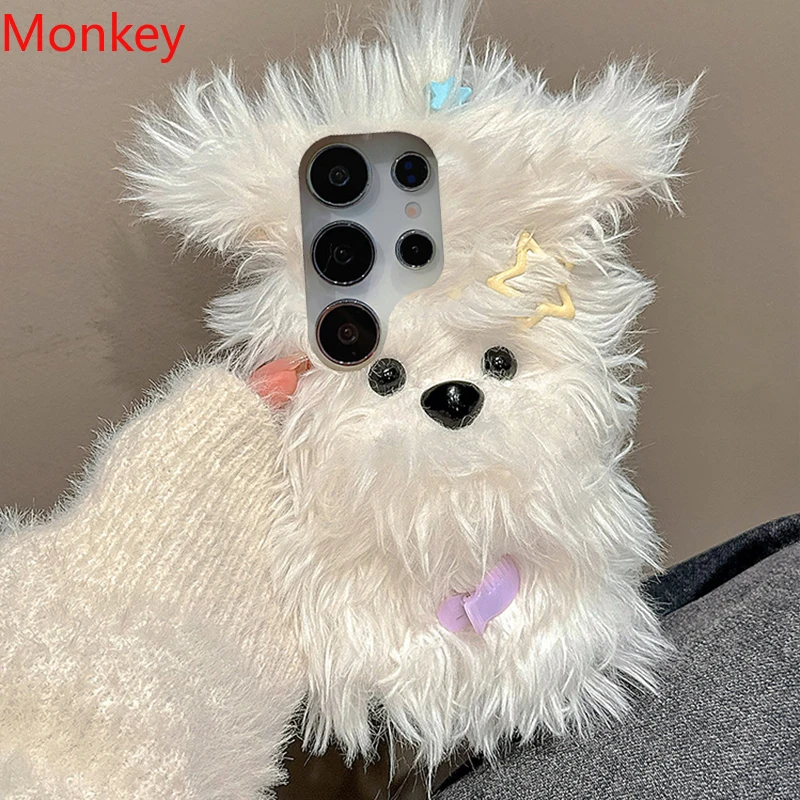 Cute Fluffy Plush Bow Puppy Furry Case For Samsung S25 Ultra S24 FE S23 S22 S21 S20 S10 S9 Winter Warm Fur Soft Protective Cover