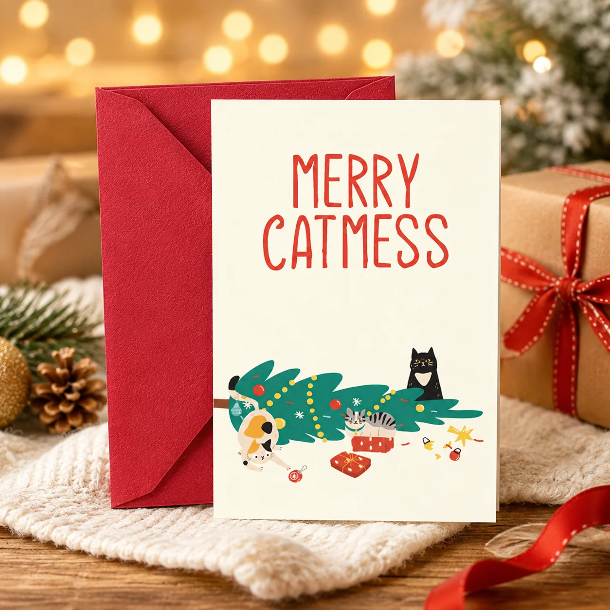 1PC Christmas Cat Greeting Card with Envelope Funny Xmas Holiday Card Festive Paper Card for Friends Family Party Gift