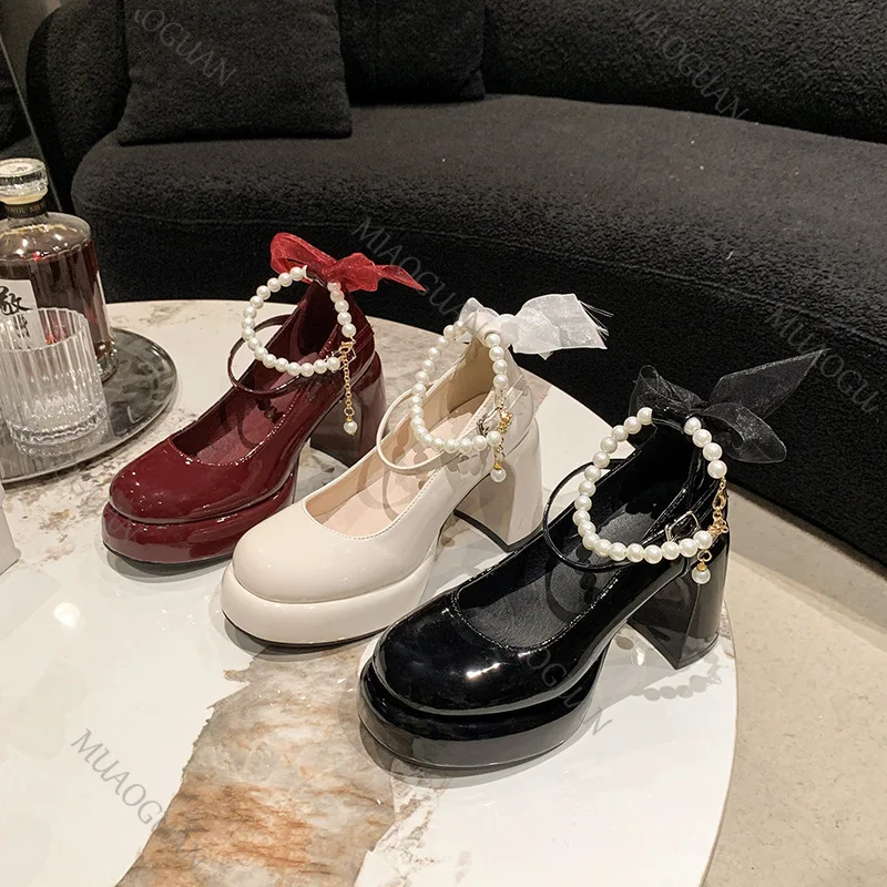

New Women Mary Jane Shoes Chunky Heels Platform Pearl Buckle Retro French Style Wedding Pumps Round Toe PU Leather Dress Shoes