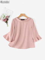 ZANZEA Women Ruffles Chiffon Blouse 2024 Autumn Flare 3/4 Sleeve Shirt Tops Round Neck Patchwork Blusas Casual Loose Tunic