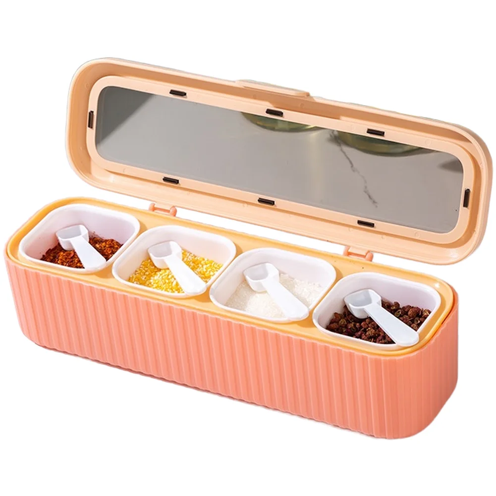 Household 4 Partition Spice Box with Airtight Closure Clear Window and 4 Measuring Spoons for Flavor Preservation