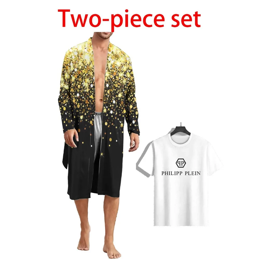 

New men's home leisure contrast color sequin pajamas thin skin-friendly digital full-print bathrobe personalized pajamas top two