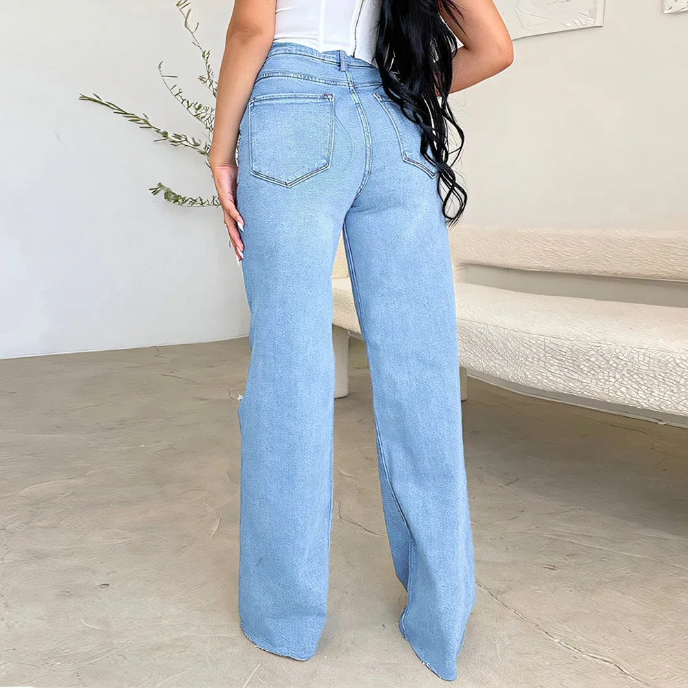 กางเกงผู้หญิงทรงตรงสไตล์สตรีทแวร์  แบบเกาหลี  ผ้าเนื้อธรรมชาติ  เอวธรรมชาติ  ขาดเซอร์ๆ  ตัดเย็บแบบเว้า  ใส่ได้ทุกฤดู  ความยาวเต็มตัว