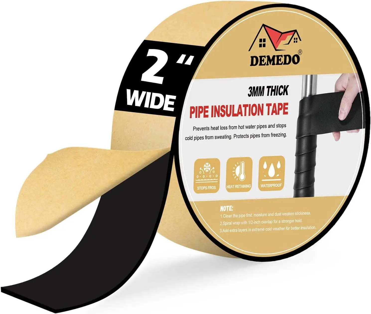 

Pipe Insulation Tape, 2 inch x 16.5 FT Self-Adhesive Foam Wrap for Water Pipes, HVAC, AC Lines, Black