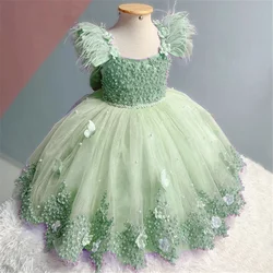 Elegant Applique Flower Girl Dress Wedding Butterfly Feather luxury With Pearls Bow Puffy Tulle First Communion Gown Birthday