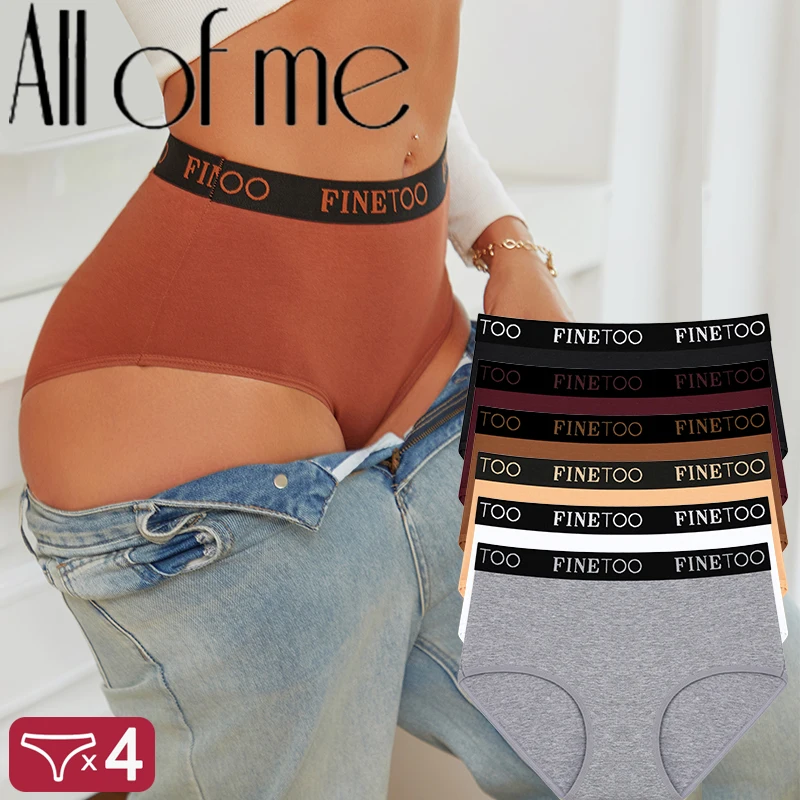 FINETOO 4 peças/conjunto calcinhas de algodão de cintura média para mulheres, com cós largo elástico com letras, calcinhas macias e respiráveis, roupa íntima feminina S-XXL