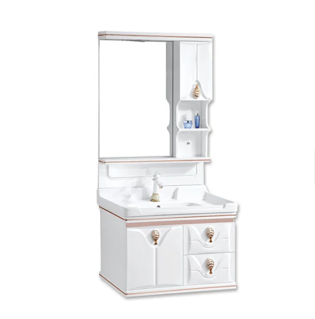 White wall mounted PVC bathroom cabinet with ceramic basin and mirror pvc bathroom cabinet led mirror cabinet