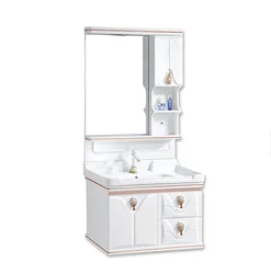 White wall mounted PVC bathroom cabinet with ceramic basin and mirror pvc bathroom cabinet led mirror cabinet