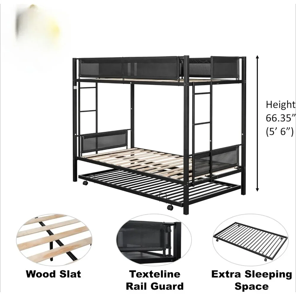 Metal Bunk Beds, with Trundle,2 Ladders for Boys Girls Adults, for Kids Teens (Upgrade),Convertible Bunk Beds