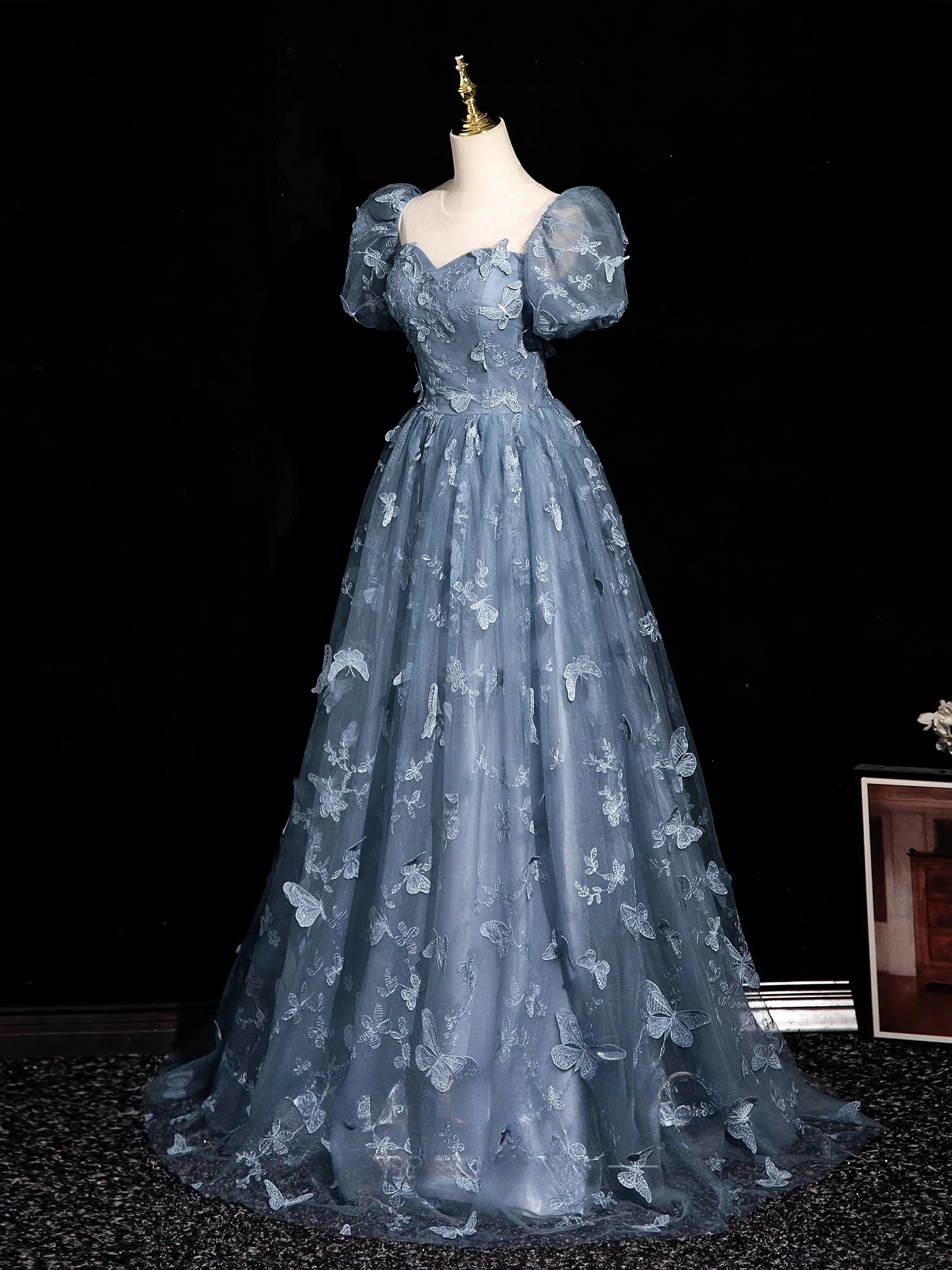 Women's Tulle 3D Butterfly Prom Dress Formal Evening Party Blue Adult Ceremony Birthday Graduation Gown