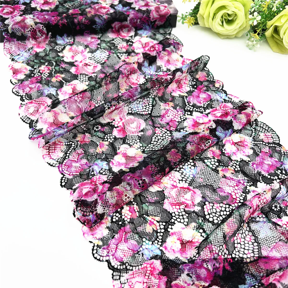 3y/lot Width 23cm Multi-Color Violet Fuchsia Black Elastic Stretch Lace Trim Skirt Hem For Clothes Sewing Lingerie Bikini Lace