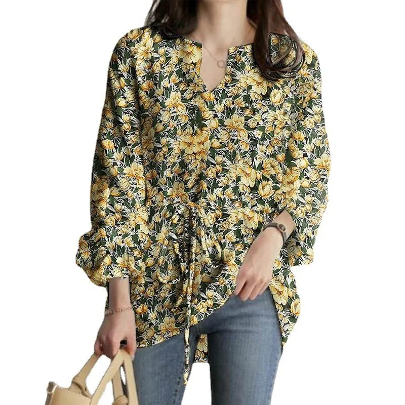 

Casual Vacation Top Autumn Fashion Long-sleeved V-neck Floral Print Drawstring Waist Loose Top Loose and Beautiful Comfort