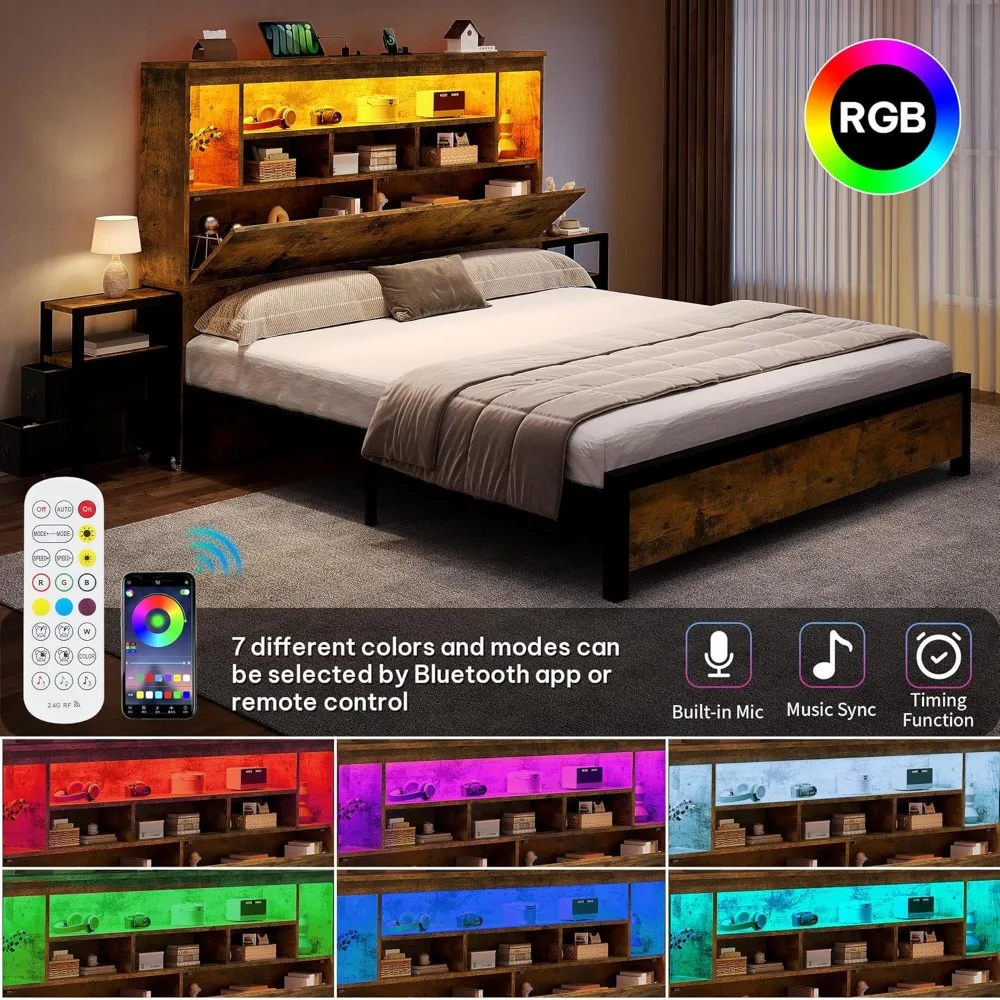 Queen Size Bed Frame with Storage, Bookcase Headboard, RGB LED Lights, Slide Out Side Storage, and Charging Station