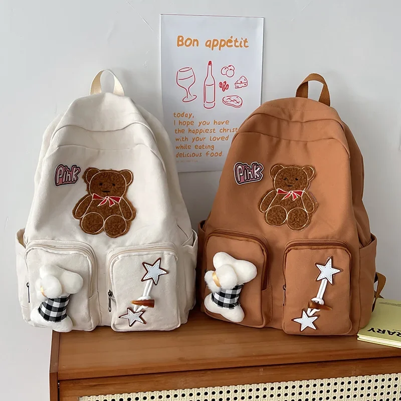 

Cute Bear Bone Backpack Kawaii Large Capacity Japanese Girl Heart Casual Joker High Value Retro Student Commuter Schoolbag Light