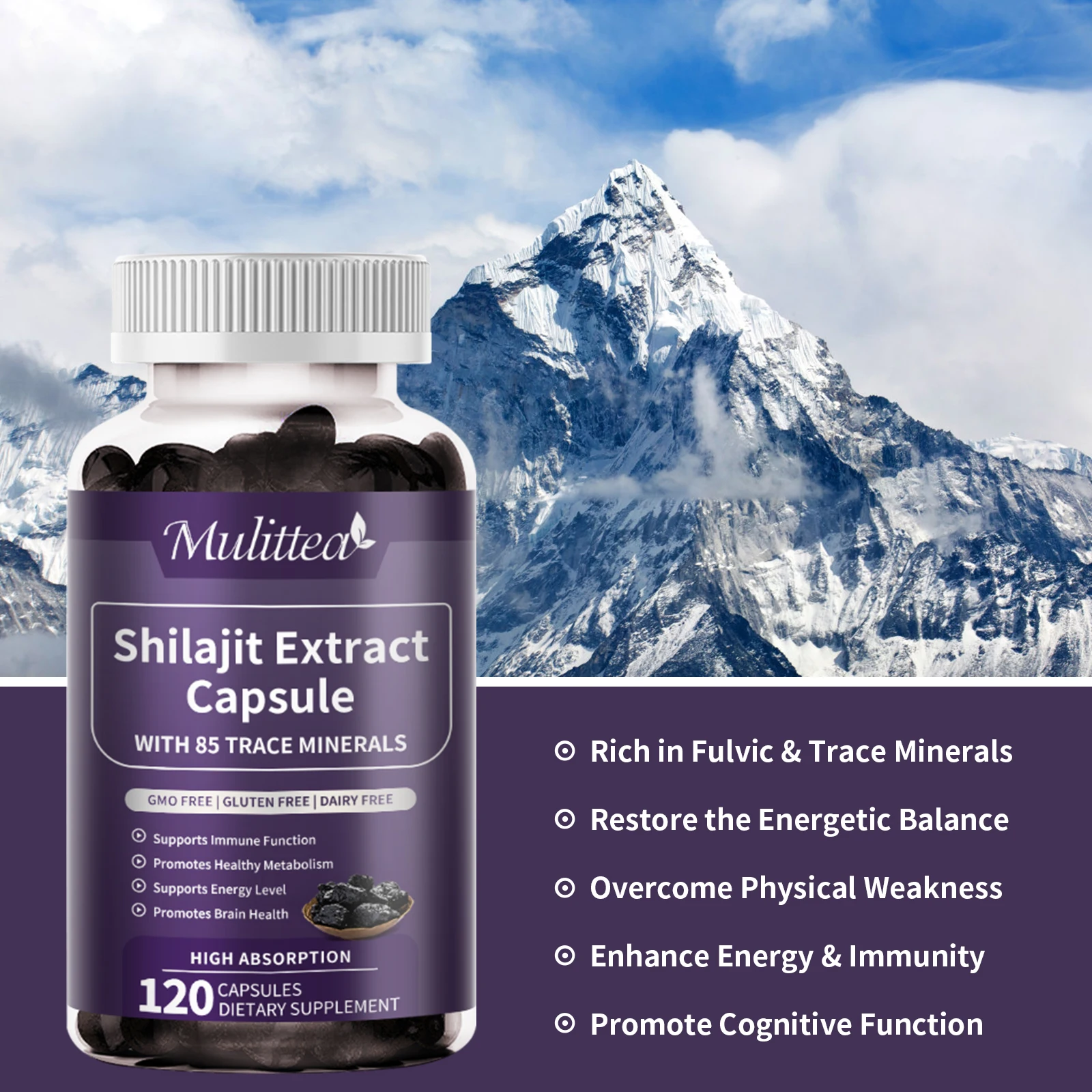 Mulittea 100% Original High Purity Shilajits Mineral Organic Shilajit with 85+ Trace Minerals &Fulvic Acid Male confidence