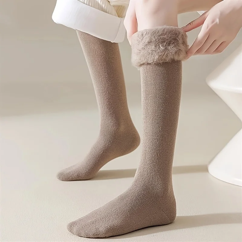 3 pairs of women's warm knee high socks, winter looped fleece thick leg protection socks, suitable for wearing in cold weather