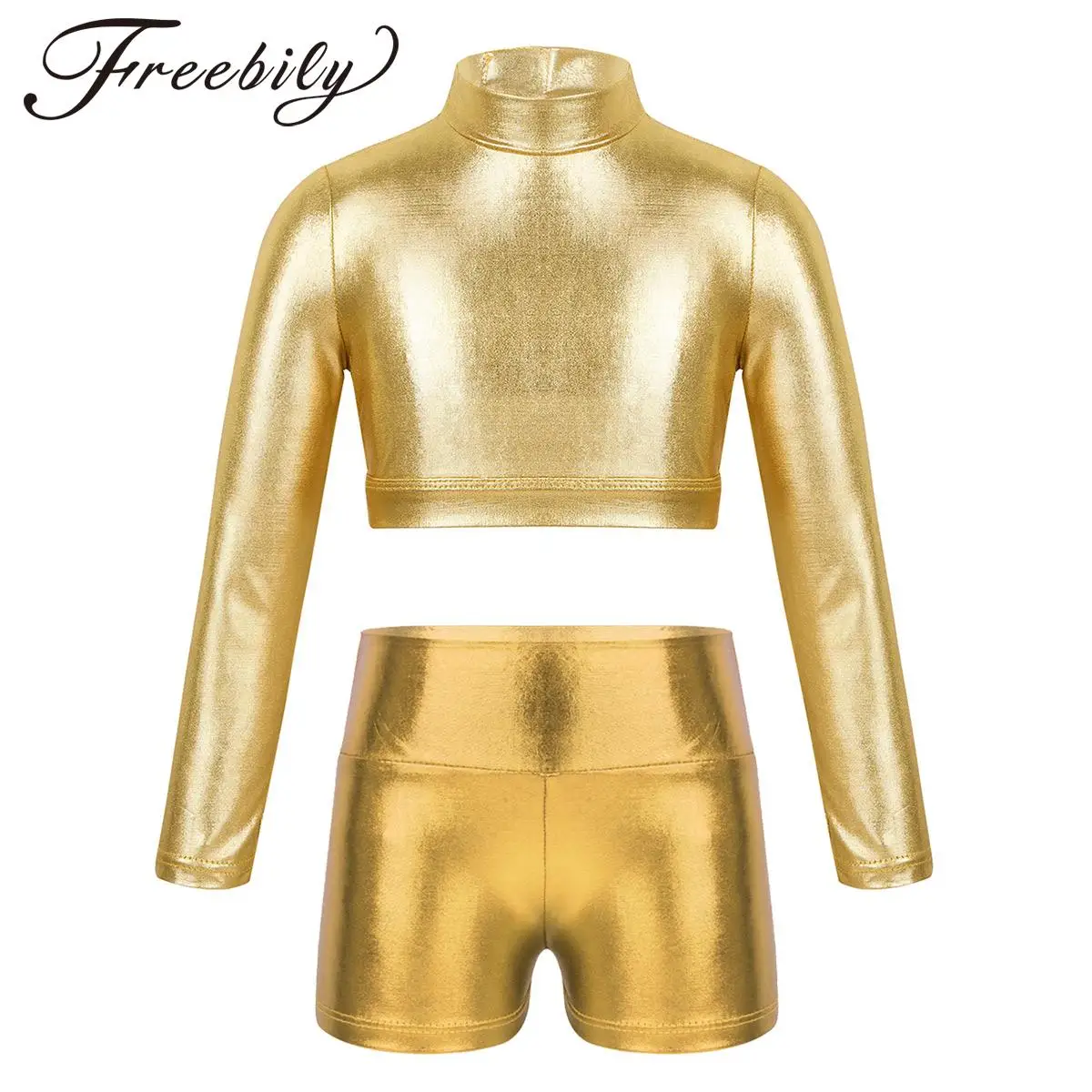 

Teens Girls Dancewear Suits Long Sleeves Glossy Metallic Tops Shorts Gymnastics Kids Hiphop Jazz Dance Costume Sets 2pcs Outfit