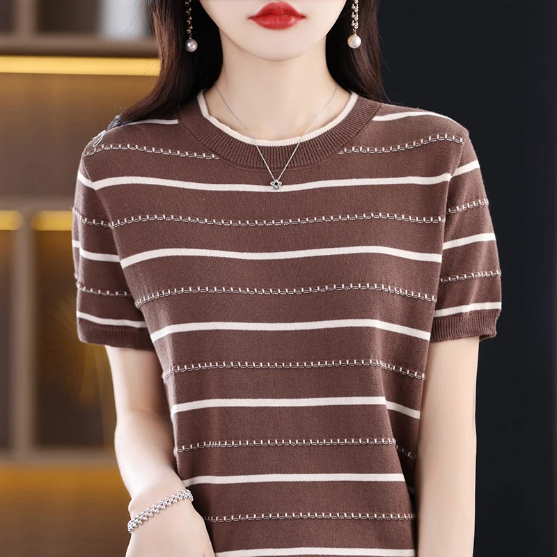 2023 Summer New Cotton T-shirt Women's Casual Pullover Knitted Fashion Sweater Short Sleeve Round Neck Striped Top T-shirt