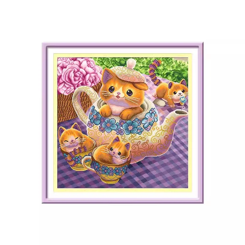 11CT Cats Pre-Printed Cross Stitch DIY Embroidery Set Handicraft Floss Needle Crafts 74 Colors