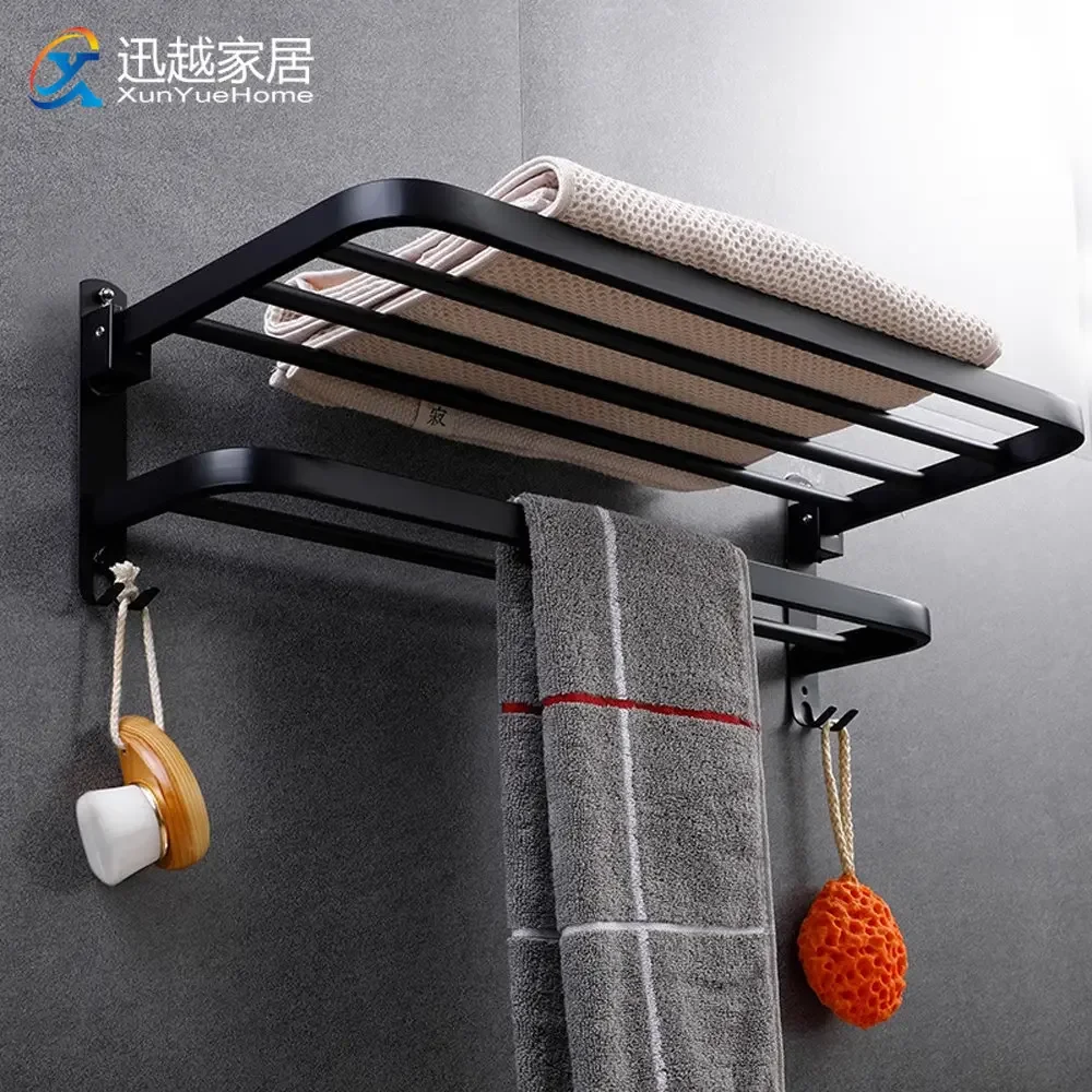 Stainless Steel Hand Towel Holder Rack Fold Wall Coat Hanger With Hook Black Shower Colthes Storage Shelf Bathroom Accessories