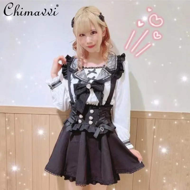 

Liz Shirt Spring and Summer Japanese Mass-produced Cute Shirt Ribbon Bows Diamond Pearl Buttons Elegant Women Lolita Tops
