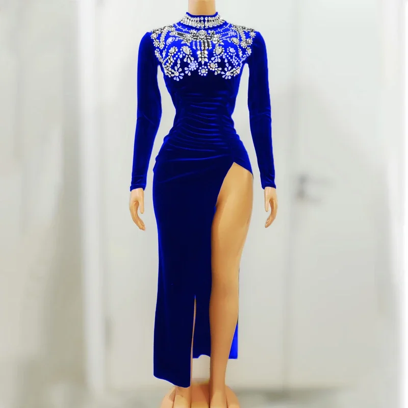 多くの色のラインストーンベルベットスリットドレスイブニングドレス女性のパーティー祝うダンスドレスステージフェスティバル衣装 XS6443