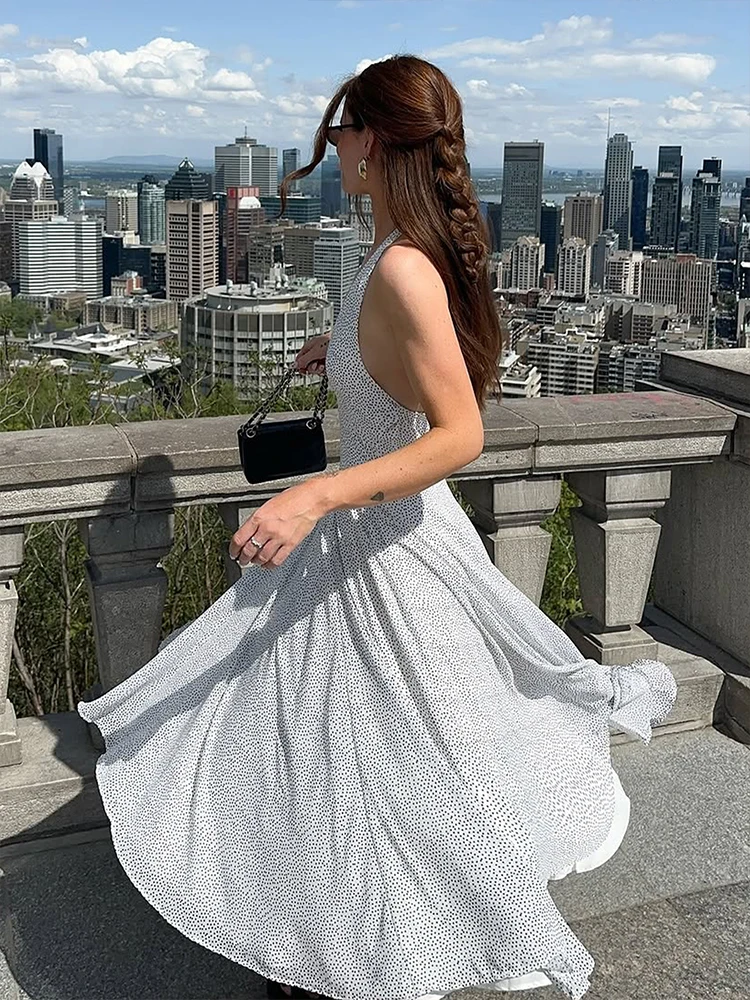 GELITAYIN Summer Women Dresses Streetwear Fashion Dot Print Lady Halter Maxi Dress Sexy Backless V-neck Casual Slim Knitted Dres