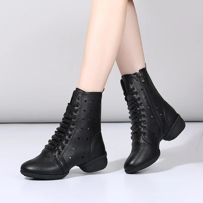 2024 Summer Hollow Jazz Boots Women 4CM Heels Modern Latin Jazz Ballroom Dance Shoes Ladies Mesh Soft Sole Dance Sports Boots