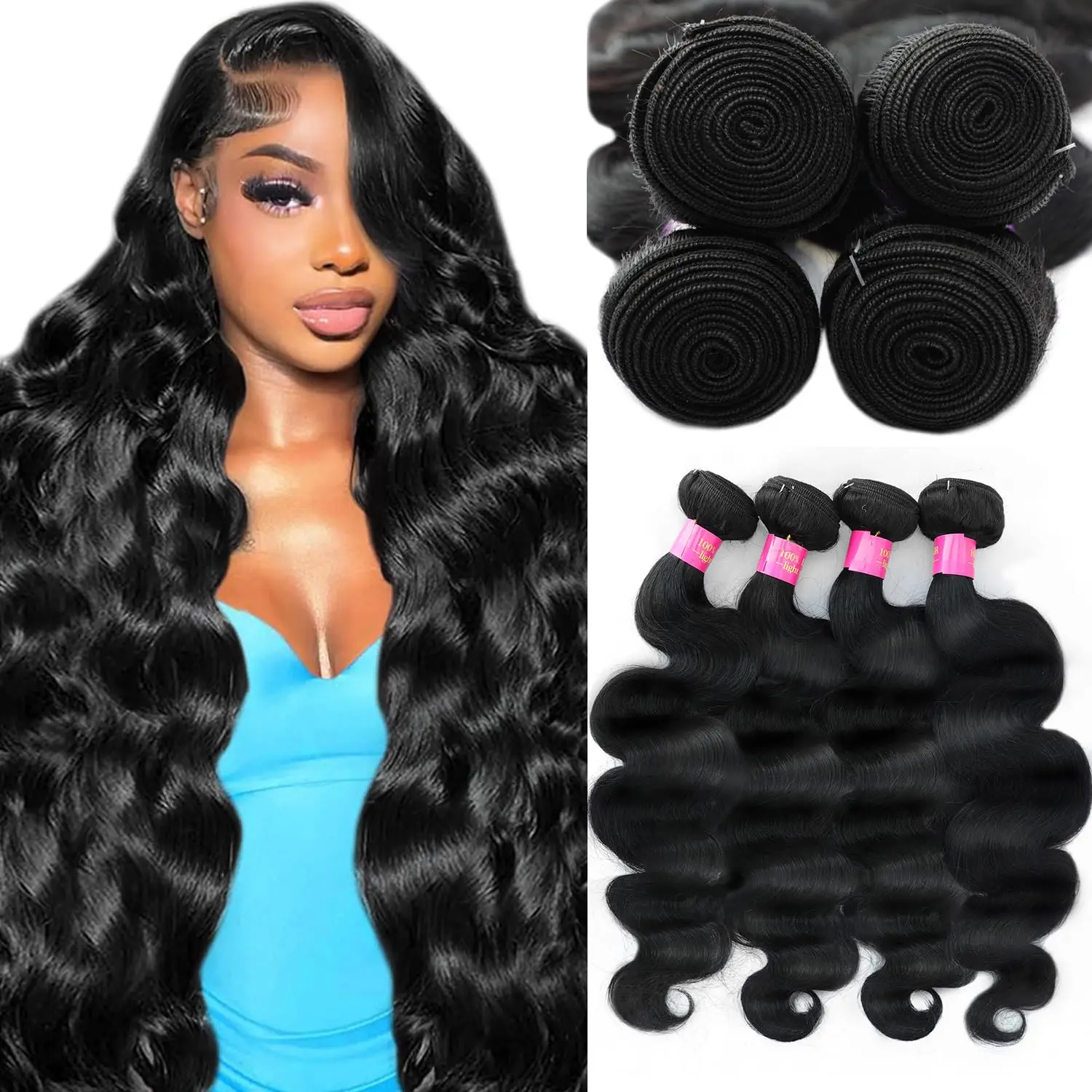 حزم شعر بشري مموج 24 26 28 30 بوصة نسج 100% غير معالج برازيلي سريع 4 حزم حزم شعر بشري أسود طبيعي #1