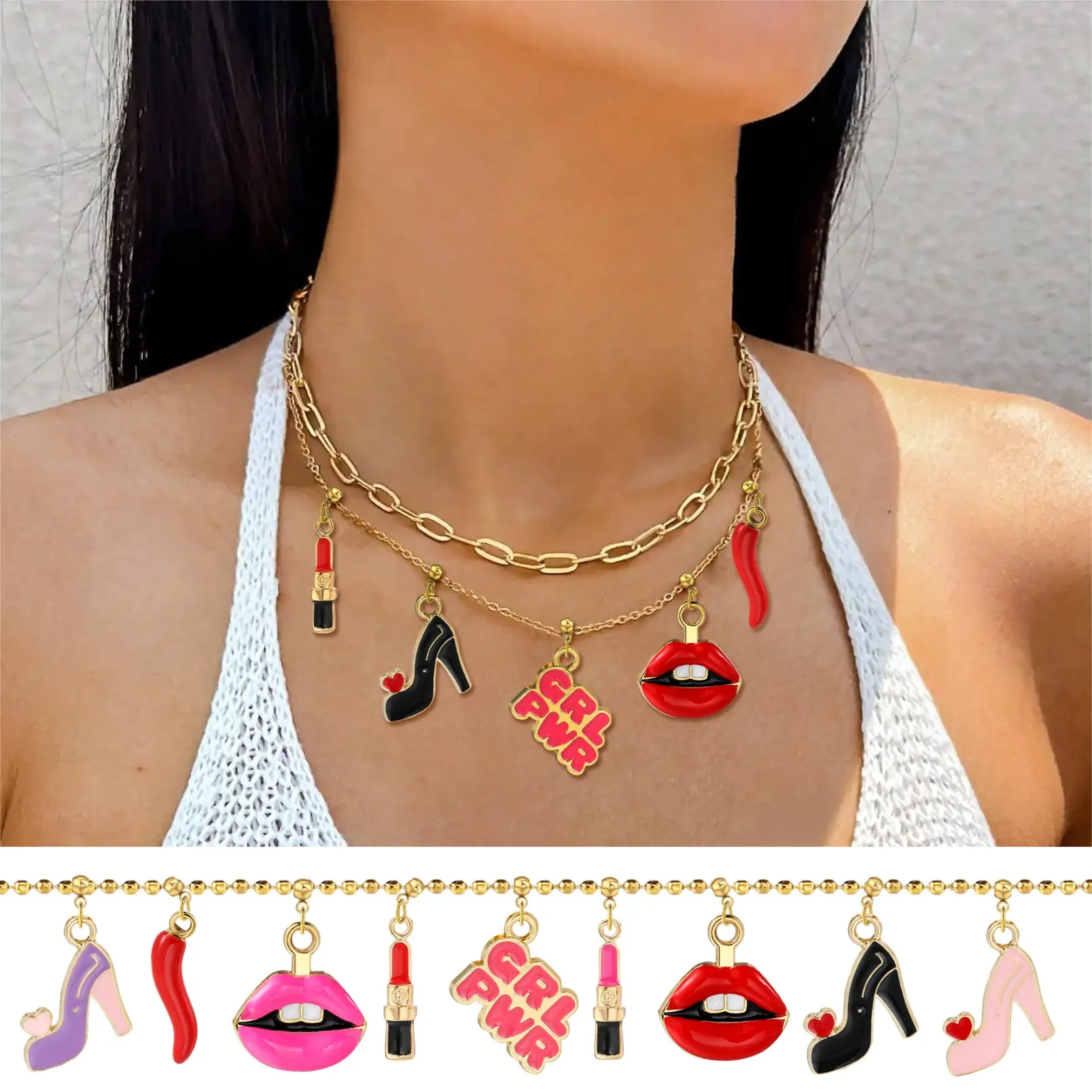 Hot Female Pendant Lipstick Red Lip High Heels Charms Making DIY Jewelry Positioning Adjust Silicone Bead For Necklace Bracelets