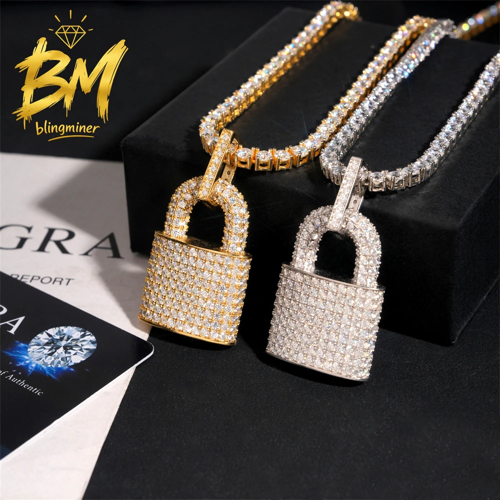 Blingminer  3D Lock VVS Moissanite Pendant For Men Women S925 Silver Iced Out Pendants  Pass Diamonds Tester GRA Free Shipping