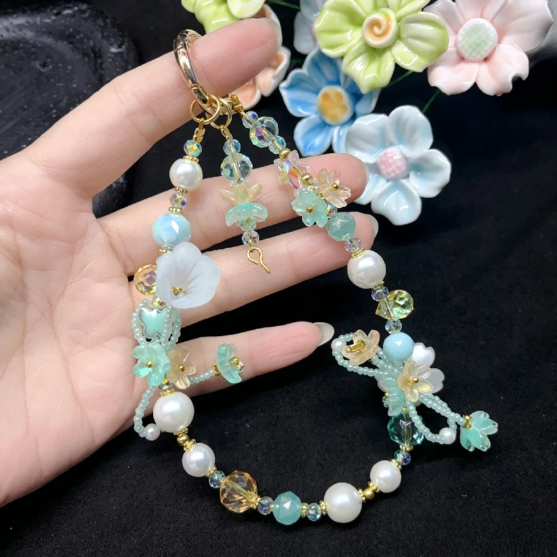 

Fresh Green Glazed Flower Mobile Phone Lanyard, Niche Design Bag Versatile Pendant