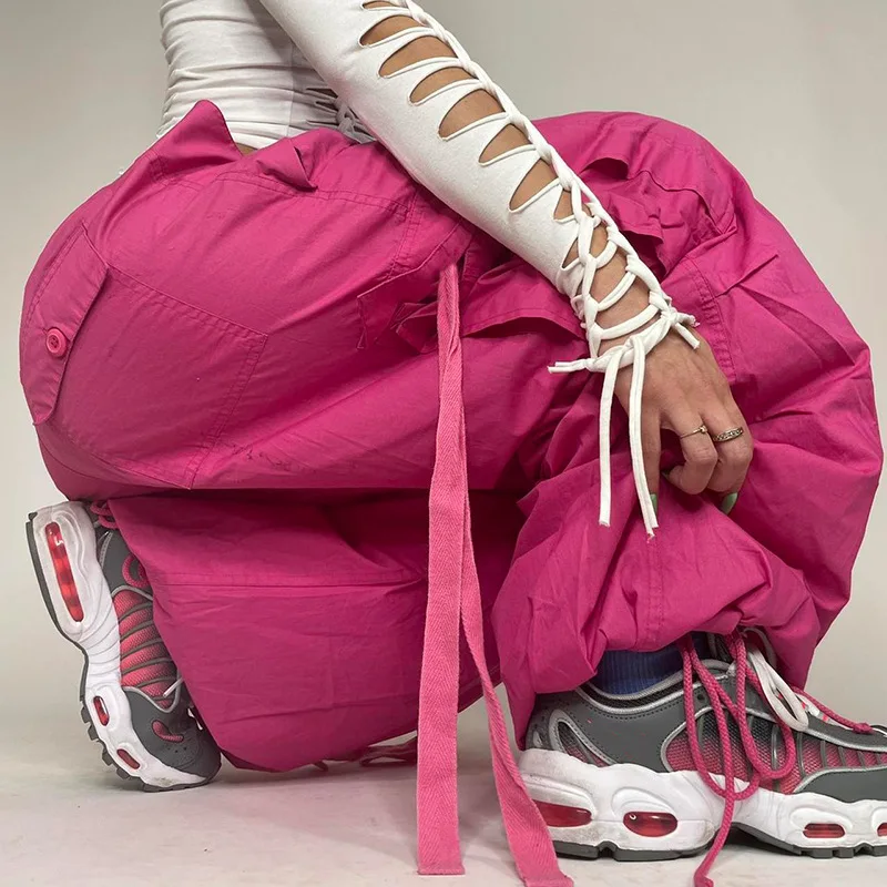IMU GuishuiPink Bandage Cargo Pants Big Pockets Ruched Tie Up Sweatpants Baggy Retro Streetwear Pantalones Hippies Bohemio Mujer