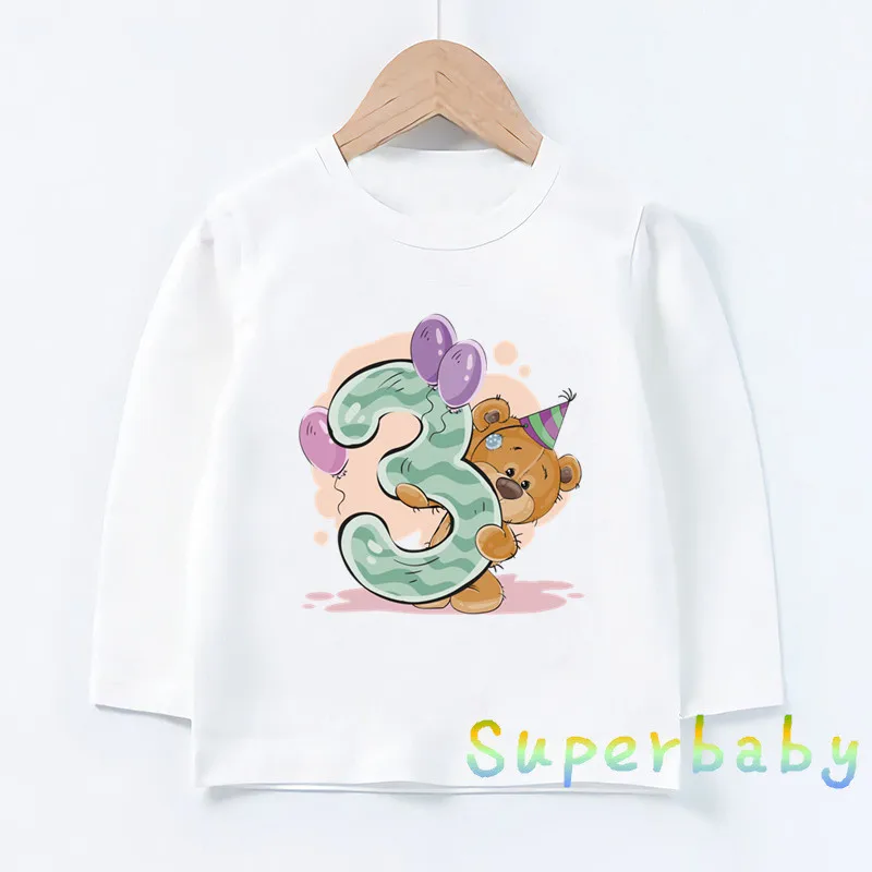 Boys/Girls 1 2 3 4 5 6 7 8 9 Years Birthday Bear T shirt Baby Winnie Funny Long Sleeve T-shirts Kids Clothes Children Present