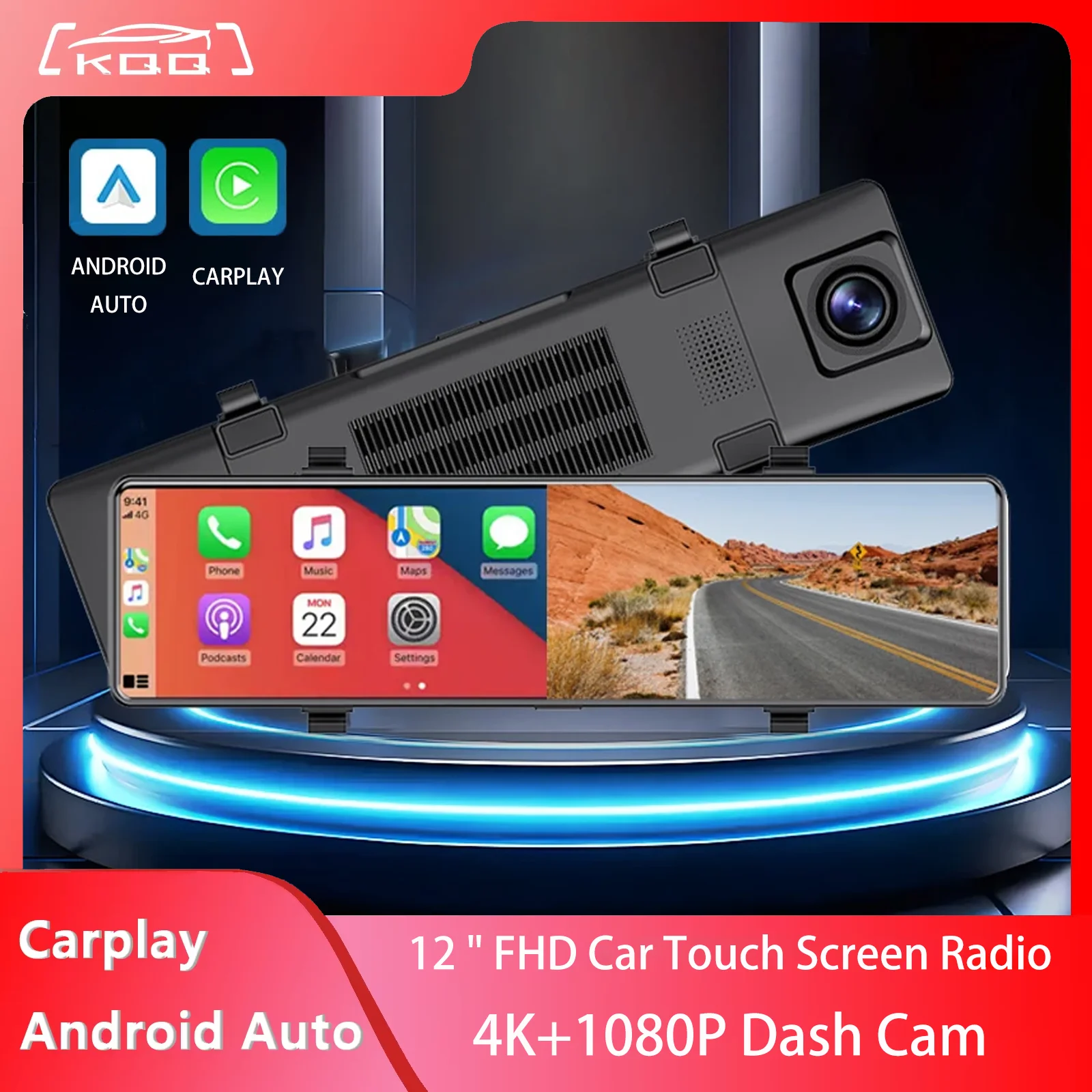 

KQQ 12" 4K Mirror Dash Cam Carplay Android Auto with 1080P Smart Rearview Backup Camera Voice Control Night Vision