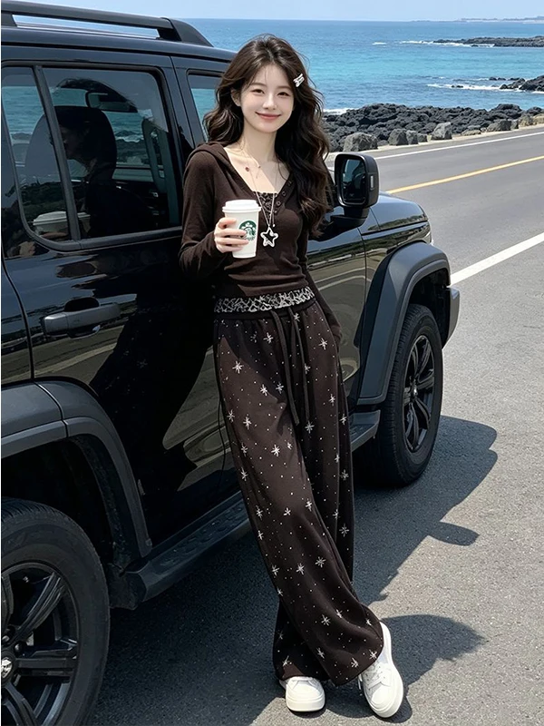 Unique Design Color Block Women's Set with Hoodie And Glitter Pants High Waist Wide Leg Two Piece Suit Casual Style for Office
