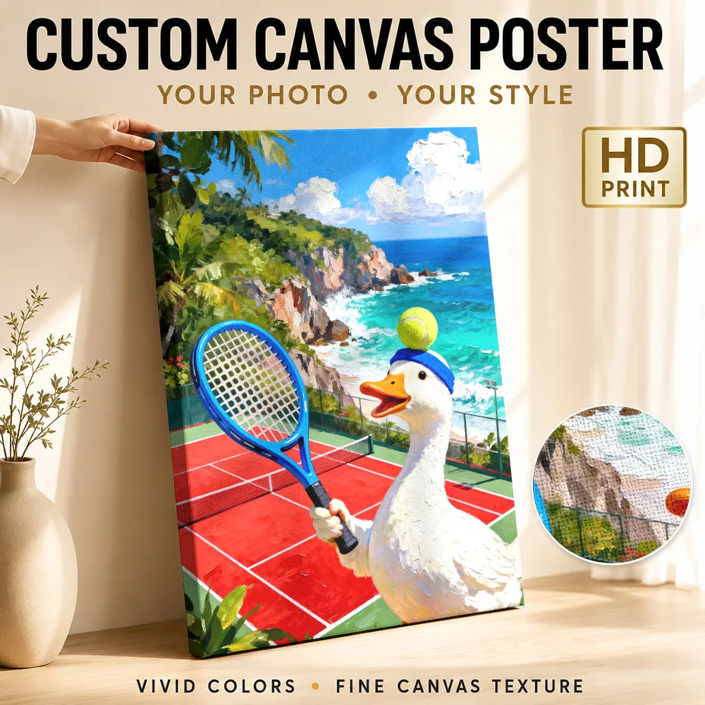 Duck Tennis Player On Tropical Court Canvas Painting Poster Customized Sports Portrait Wall Art for Office Decor Ready to Hang