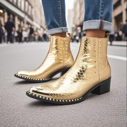 COOGERLOVE Rivet Punk Style Leather Men Shoes Military Cowboy Ankle Boots High Rubber Boots Metal Pointed Toe Lace Shoes Men