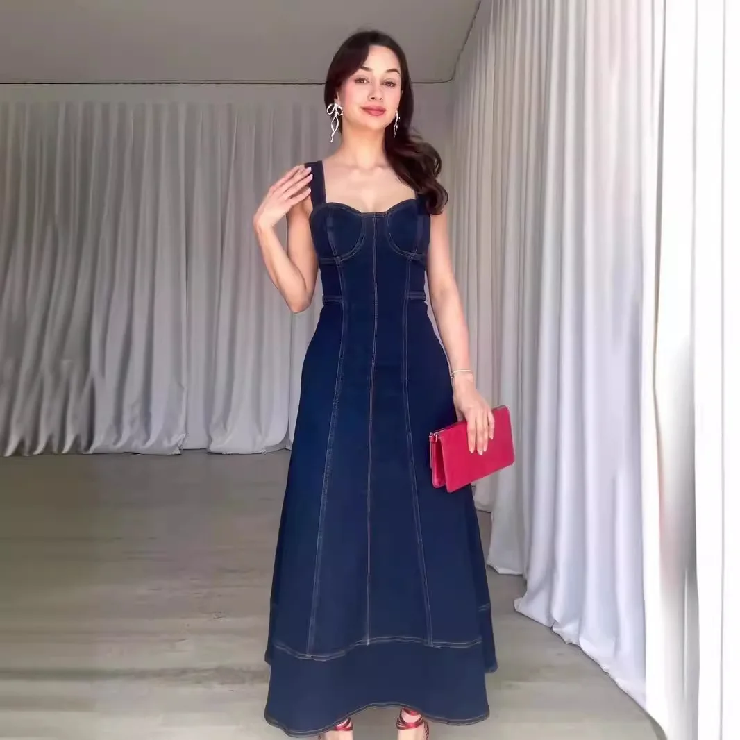 Women Dresses Square Collar Sexy Denim Camisole Dress Vestidos Loose Fit Spliced Washed Vintage 2024 Summer High Street