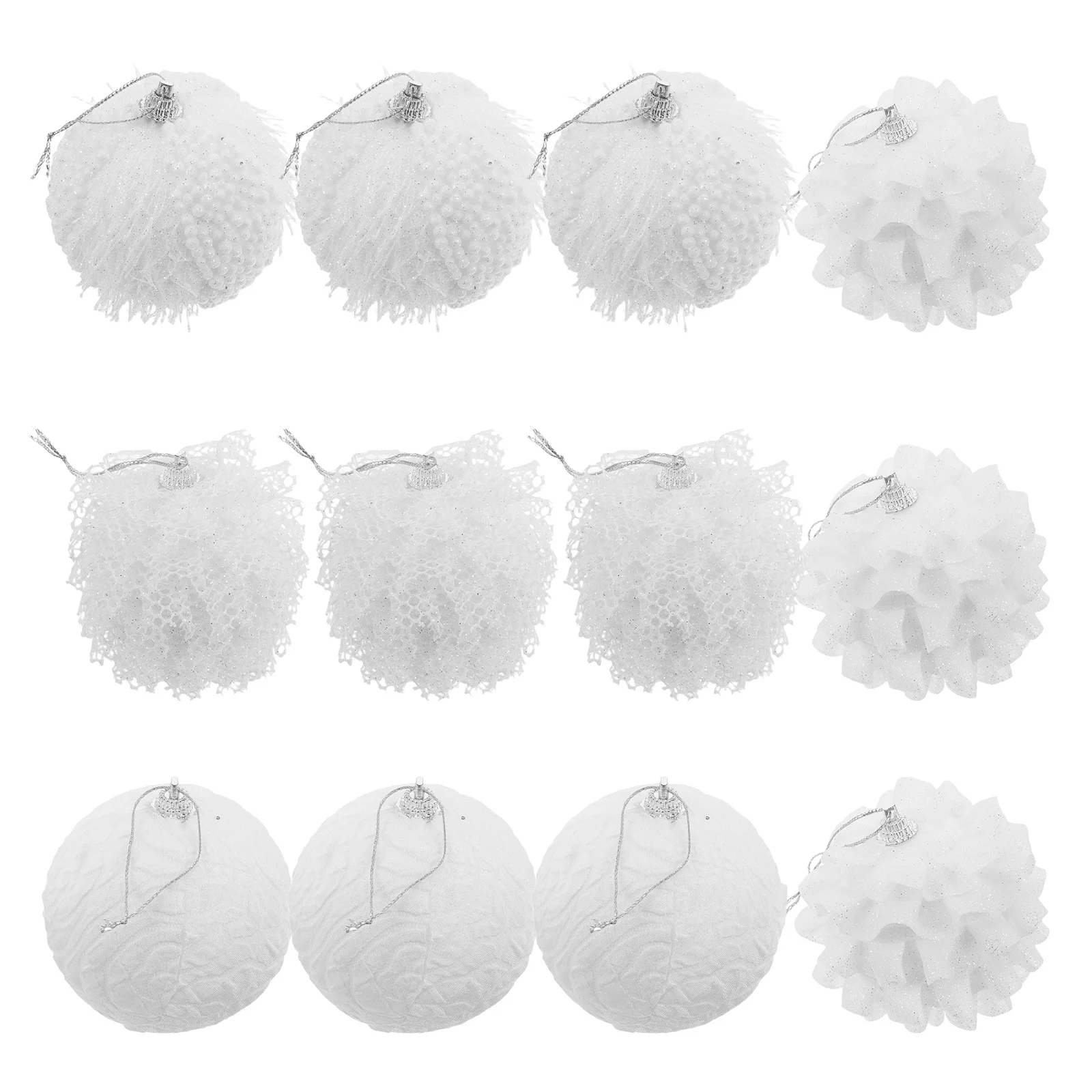 

12pcs Christmas Decoration Balls: Lace Edge White Shatterproof Polyester Baubles For Xmas Tree Holiday Decor Hanging Ornaments