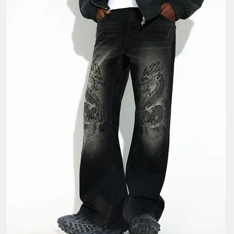 Men's Dragon Print Pattern Jeans Summer Cowboy Sweatpants Casual Cool Boys Pants High Waist Bottoms Male Baggy Trousers